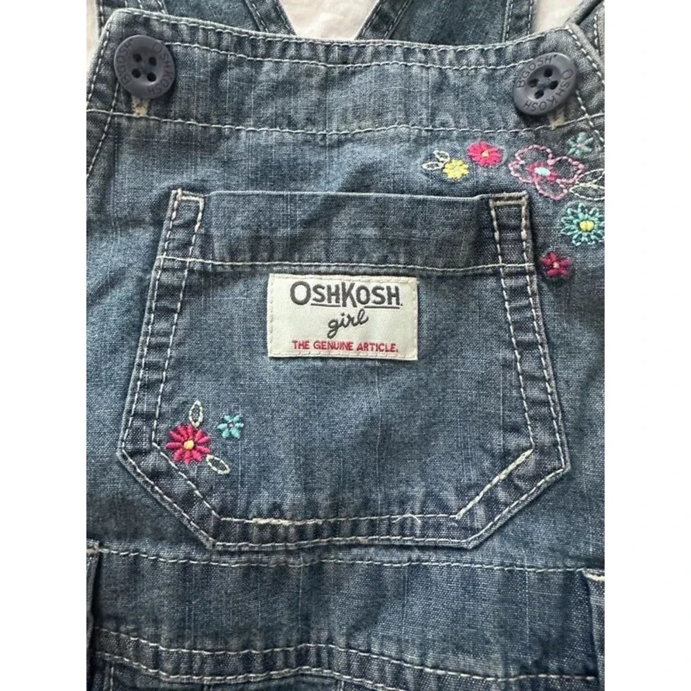 VTG OshKosh B’gosh Girl Denim Bubble Shortalls Embroidered Floral Romper 18m